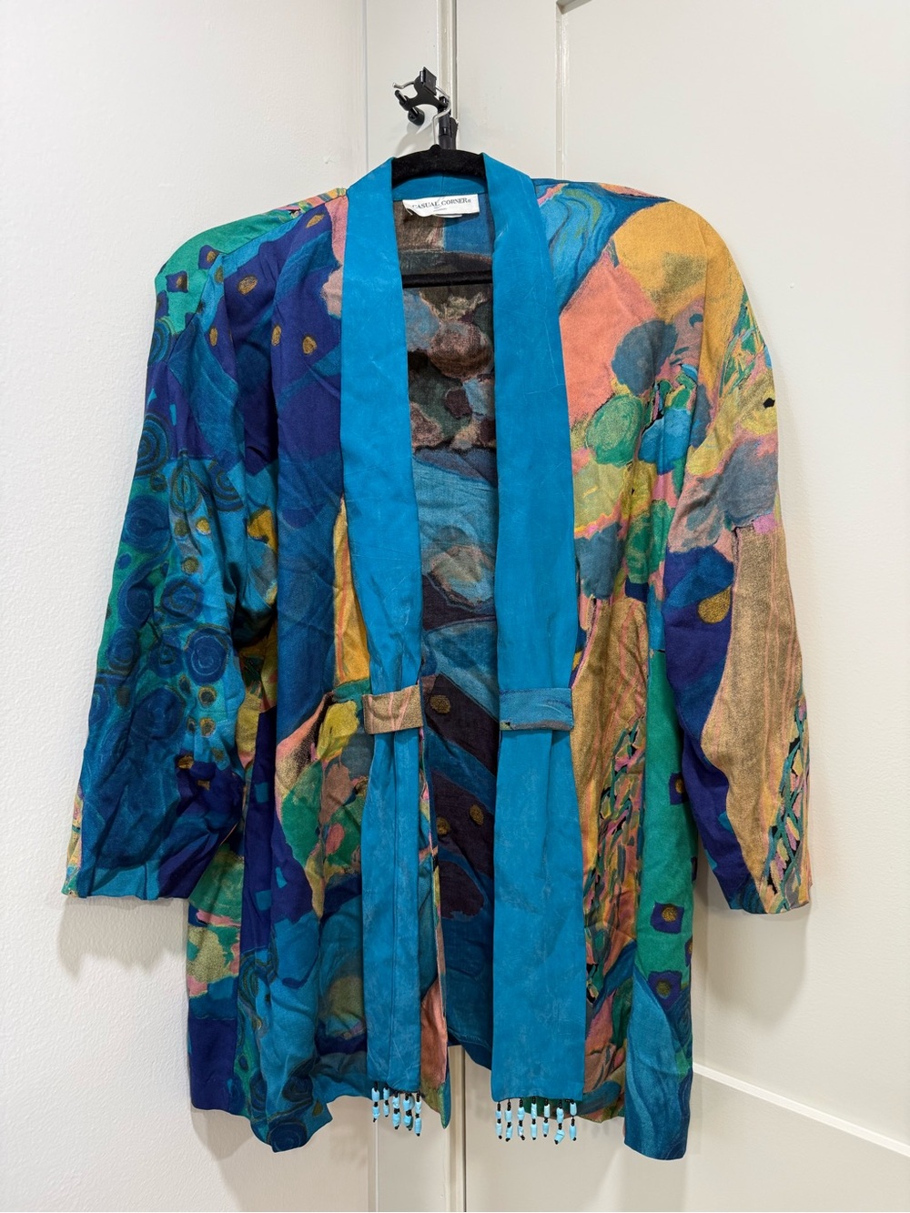 Casual Corner Multicolor Abstract Print Tunic Jacket with Teal Trim
